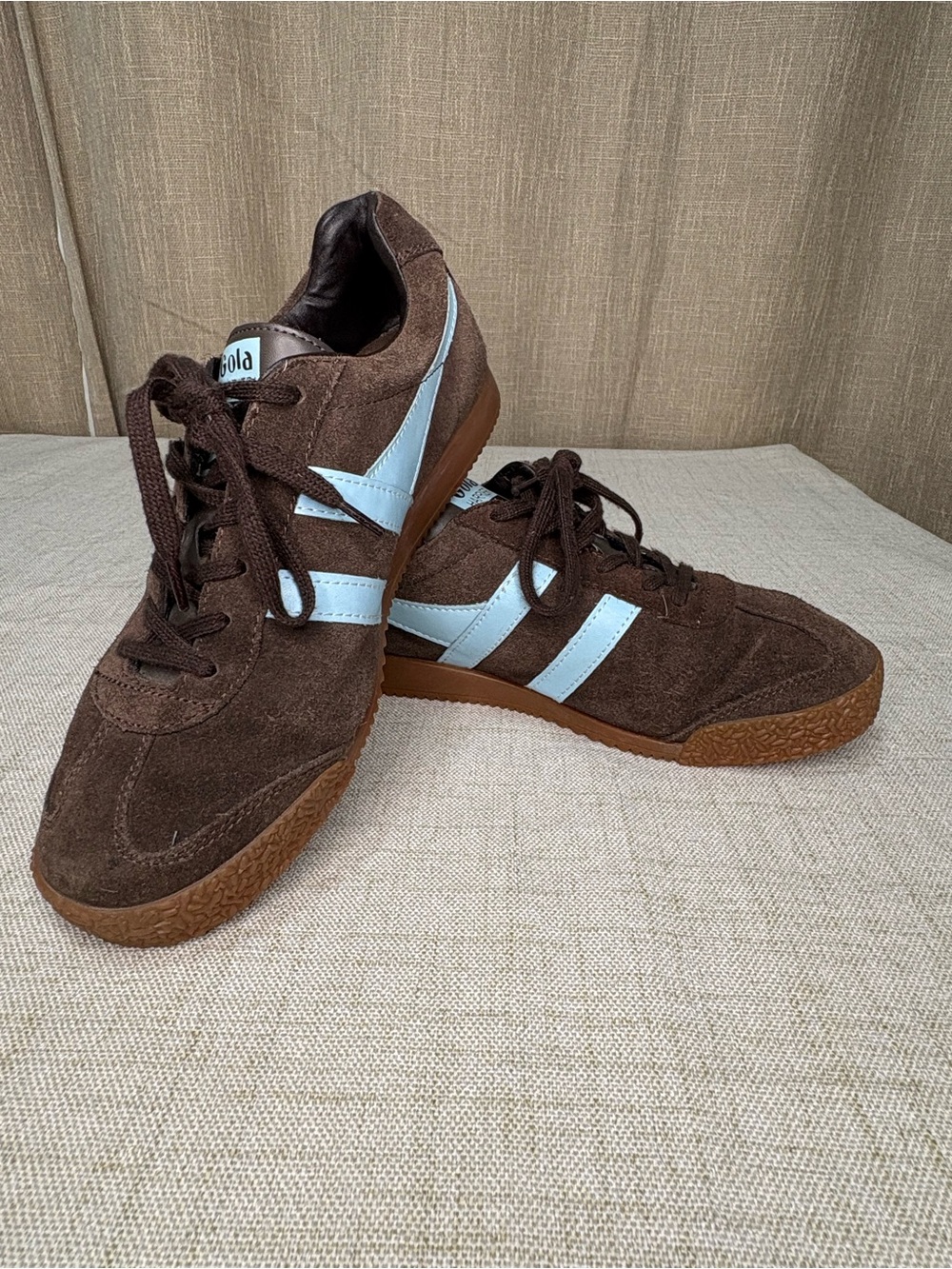 Gola Harrier Brown Suede Sneakers with Light Blue Stripes